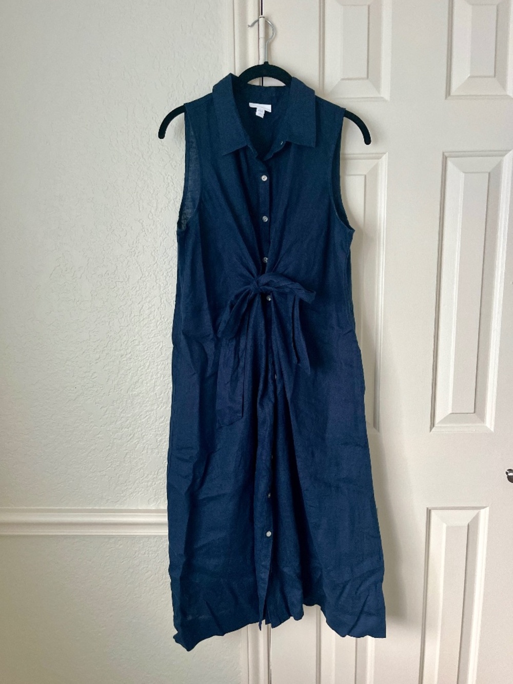 J. Jill 100% Linen Navy Sleeveless Button Down Petite Midi Shirt Dress Tie Waist